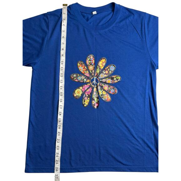 Blue Peace Sign Daisy Flower Power T-Shirt XL Hippie Retro Festival Tee - Picture 4 of 6